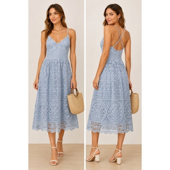 Abs Collection Dresses & Skirts - ABS Collection Light Blue Guipure Lace Midi Dress V-Neck Cross Back 12